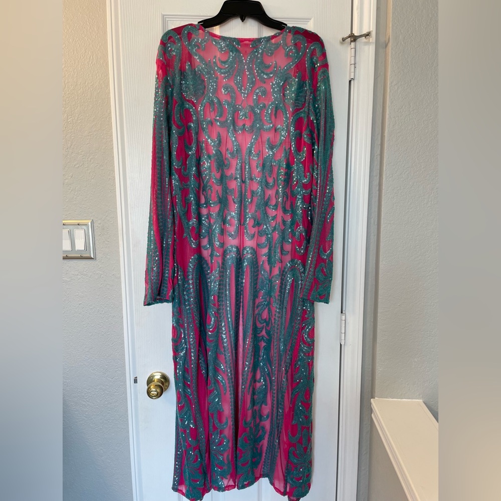 NWOT Southern Fried Chics Duster Barbie Pink & Turquoise Sequins XL